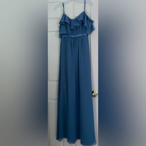 Steel blue David’s bridal off shoulder long bridesmaid dress